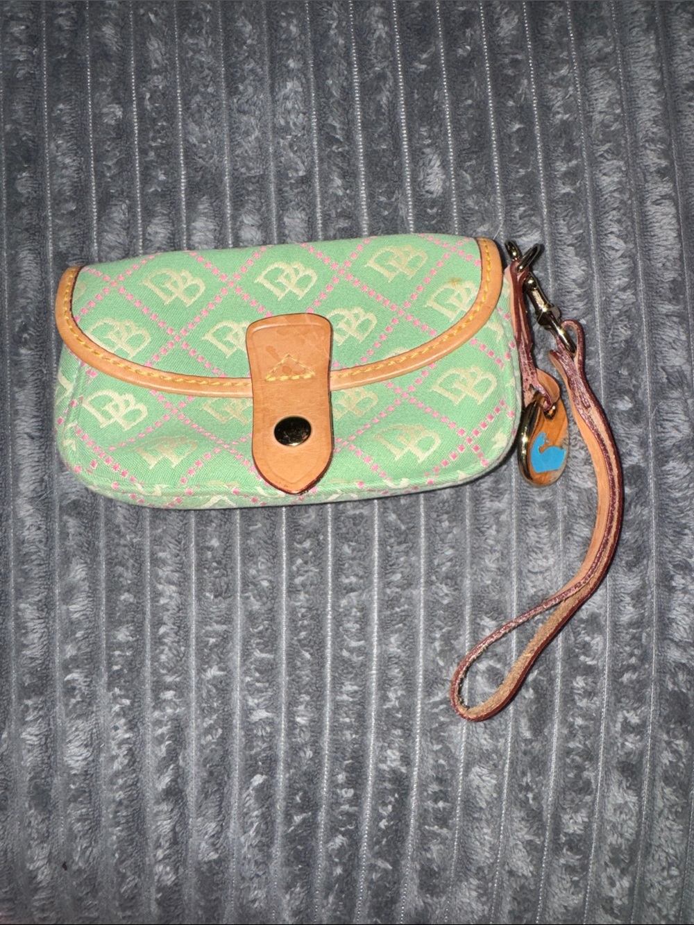 Dooney & Bourke Mint Green Monogram Wristlet with Tan Trim